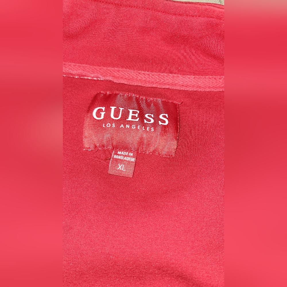 Guess Cherry Red Logo Jacket MENS XL A Few Stains On Back Arms View Pics - Picture 5 of 7